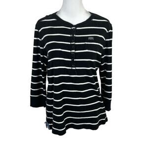Ralph Lauren Black White Striped 3/4 Sleeve Top Medium Est. Casual Henley Crew